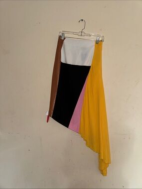 Colorblock Asymmetrical A-Line Skirt in Yellow, Black, White, Pink, Brown